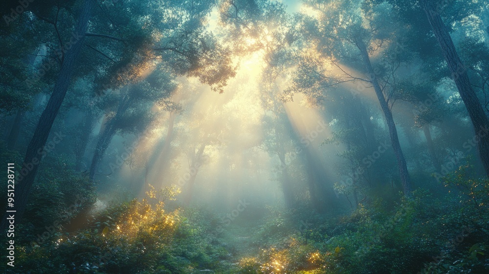 Fototapeta premium A misty forest in the early morning, with light filtering through the trees and creating a mystical atmosphere.
