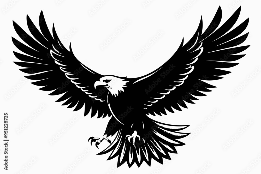 Obraz premium Flying Bald Eagle black and white Silhouette vector, A Bald Eagle black Silhouette Vector isolated on a white background