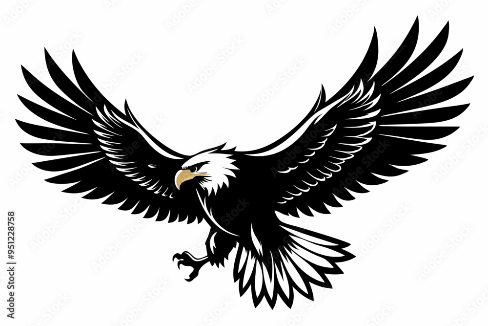 Obraz premium Flying Bald Eagle black and white Silhouette vector, A Bald Eagle black Silhouette Vector isolated on a white background