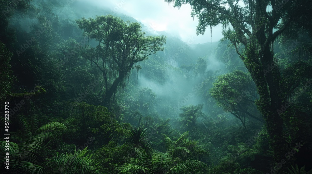 A misty jungle scene with towering trees and creeping vines, evoking a sense of mystery and adventure with ample copy space. A misty jungle scene with towering trees and creeping vines, evoking a sense of mystery and adventure with ample copy space.