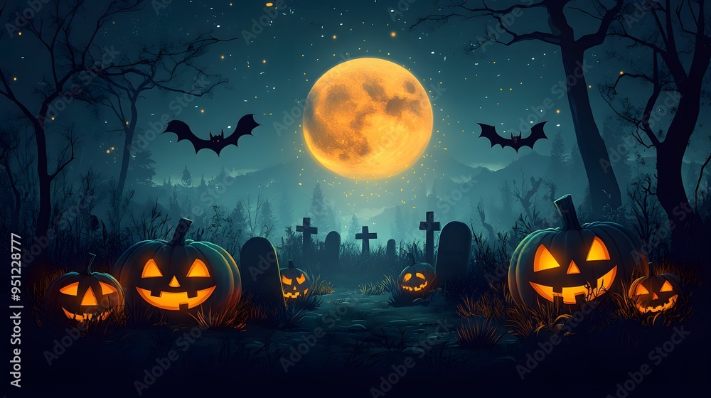 Halloween Moonlit Night: A spooky night with pumpkins, a graveyard, flying bats, and a full moon, surrounded by tree and grass silhouettes, cartoon animation vector illustration. Halloween Moonlit Night: A spooky night with pumpkins, a graveyard, flying bats, and a full moon, surrounded by tree and grass silhouettes, cartoon animation vector illustration.