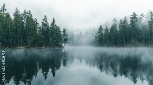 A misty morning by a lake, with the fog gently rising from the water and the surrounding forest shrouded in mist.