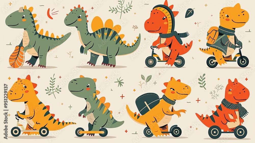 Dinosaurs in the cite with road map seamless pattern. Cute cartoon dino on a skateboard, bike, rollers, scooter in flat style Dinosaurs in the cite with road map seamless pattern. Cute cartoon dino on a skateboard, bike, rollers, scooter in flat style