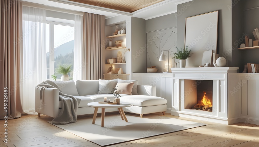 Fototapeta premium White corner sofa near fireplace. Scandinavian home interior design of modern living room