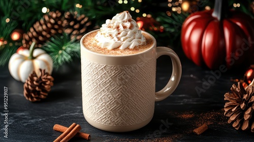 A cozy mug of whipped cream topped coffee, perfect for festive gatherings and winter warmth surrounded by holiday decorations.