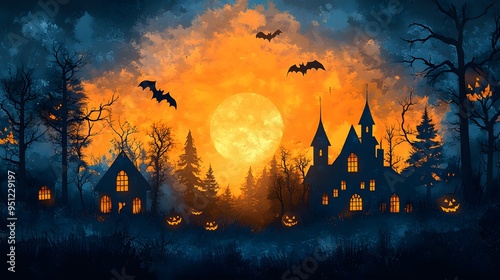 Papercut Halloween Scene: A haunted house with bats flying around, illustrated in a layered papercut style for a spooky effect. photo