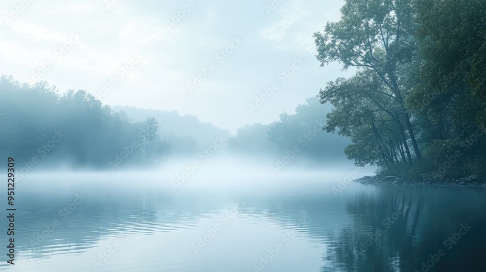 Fototapeta premium A misty morning on a Minnesota lake, with fog gently rising from the water and the surrounding landscape shrouded in mist.