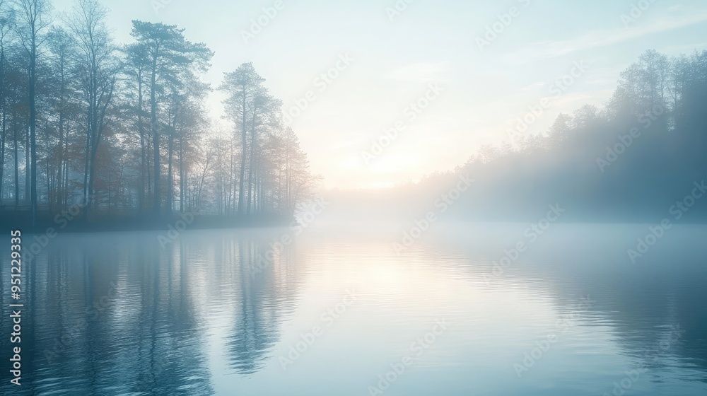 A misty morning over a calm lake, with the soft light of dawn illuminating the water and surrounding trees, perfect for tranquil designs with space for text.