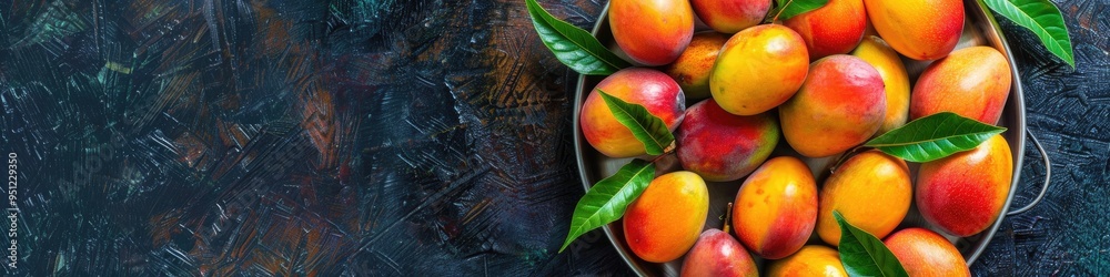 Aerial perspective of a metal platter overflowing with ripe mangoes and assorted fresh fruits. Aerial perspective of a metal platter overflowing with ripe mangoes and assorted fresh fruits.
