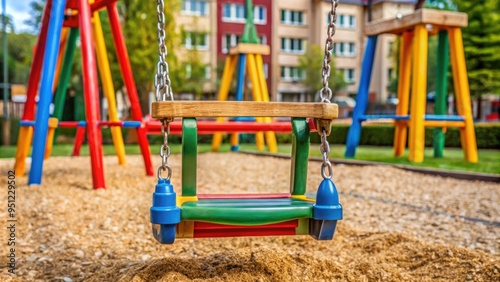 Wallpaper Mural Colorful toddler swings set in a community playground with wooden chip ground , playground, swings, toddler, colorful, community Torontodigital.ca
