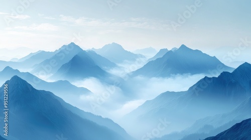 A misty mountain range at dawn, with layers of peaks fading into the distance, ideal for themes of mystery and beauty with space for messaging. photo