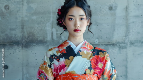和服姿の日本人の若い女性　金髪