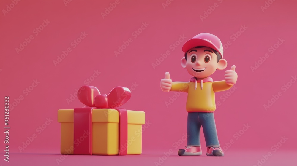Smiling Character Standing Next to Open Package with Thumbs-Up Smiling Character Standing Next to Open Package with Thumbs-Up