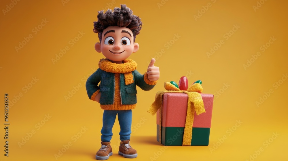 Smiling Character Standing Next to Open Package with Thumbs-Up