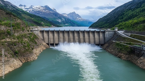 Large hydroelectric dam in a picturesque alpine setting, releasing water into a river below. The dam is surrounded by lush green mountains with snow-capped peaks in the background, highlighting the co