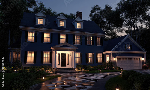 3D rendering of a classic colonial house with a blue color, white trim, and shutters at night with a lit-up path in front