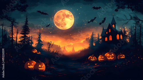 Halloween Cartoon Scene: A vector flat illustration of a spooky landscape with a haunted house, pumpkins, and flying bats under a full moon. photo