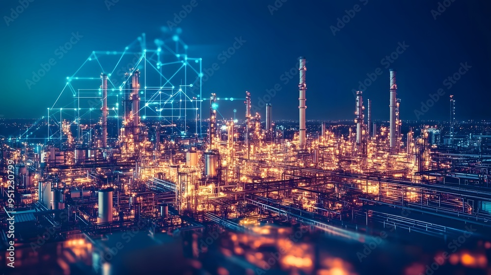 A network of lights is connected to a large industrial plant. The lights are connected to each other and to the plant, creating a sense of interconnectedness and unity A network of lights is connected to a large industrial plant. The lights are connected to each other and to the plant, creating a sense of interconnectedness and unity