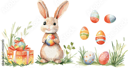 A charming watercolor illustration featuring a cute bunny surrounded by colorful eggs and festive presents, perfect for celebrating the joy and spirit of Easter.