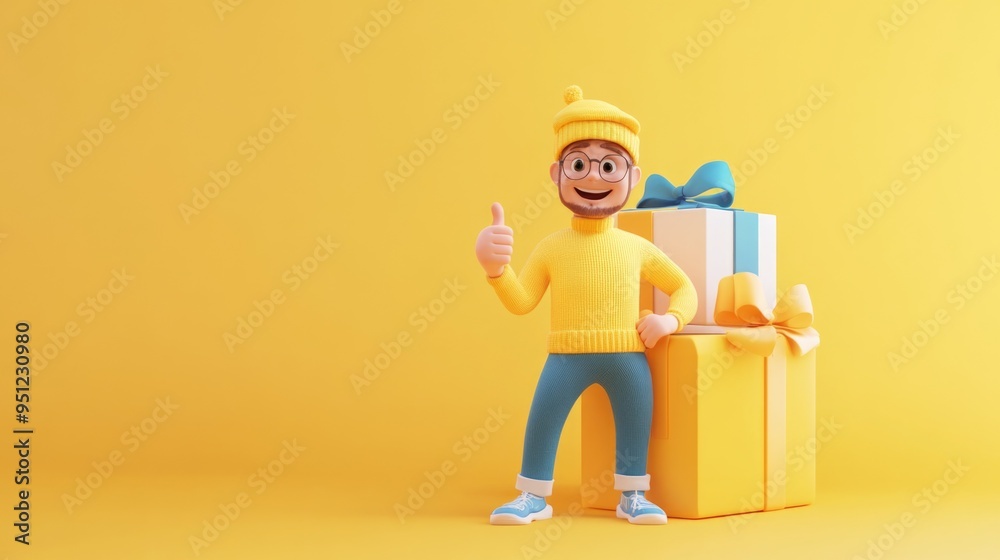 Smiling Character Standing Next to Open Package with Thumbs-Up Smiling Character Standing Next to Open Package with Thumbs-Up