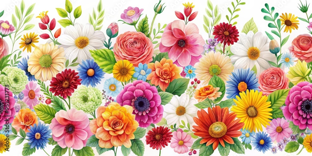 Seamless pattern of colorful flowers on a white background, floral, nature, garden, petals, blooming, vibrant Seamless pattern of colorful flowers on a white background, floral, nature, garden, petals, blooming, vibrant