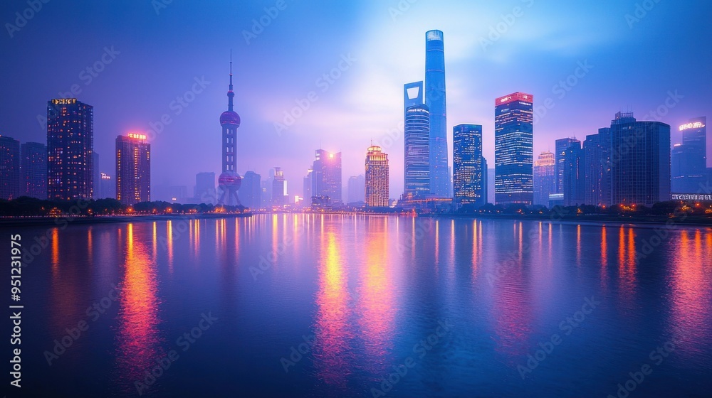 Urban Glowtime: Serene City Skyline at Dusk with Glowing Skyscrapers Reflecting on Calm River Urban Glowtime: Serene City Skyline at Dusk with Glowing Skyscrapers Reflecting on Calm River