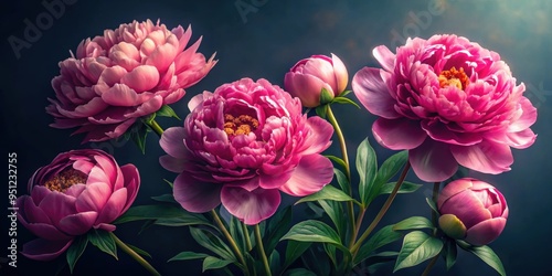 Fototapeta Naklejka Na Ścianę i Meble -  Hyper realistic pink peonies on a dark background, peonies, flowers, pink, hyper realistic, vibrant, spring, petals, floral