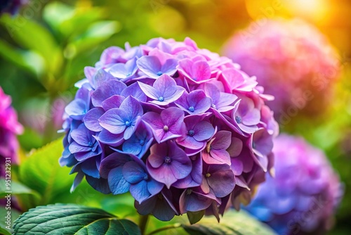 A delicate hydrangea bloom unfurls its petals in a kaleidoscope of colors on a soft, focused background of soft whispers. photo