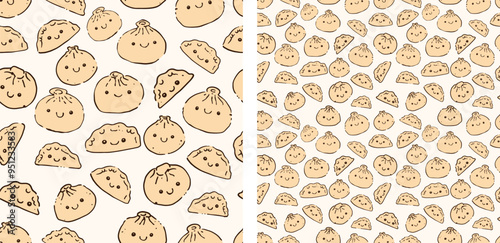 Cute Dumpling Dim Sum Gyoza Chinese Japanese Food Cooking Fun Seamless Pattern Vector Illustration