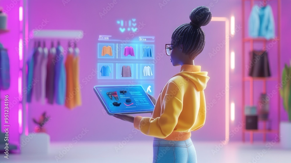 Character Holding Tablet Displaying Fashion Store Interface and Surrounded by Clothes Character Holding Tablet Displaying Fashion Store Interface and Surrounded by Clothes