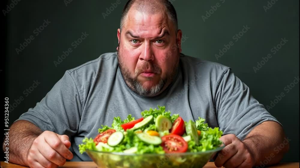 A person enjoying a healthy meal, but caught off guard by something unexpected A person enjoying a healthy meal, but caught off guard by something unexpected