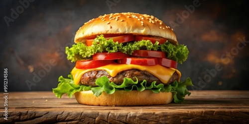 A delicious and indulgent burger stacked high with gooey cheese photo