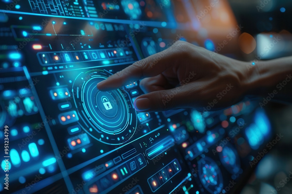 A hand interacting with a futuristic digital interface, showcasing advanced technology and user engagement. A hand interacting with a futuristic digital interface, showcasing advanced technology and user engagement.