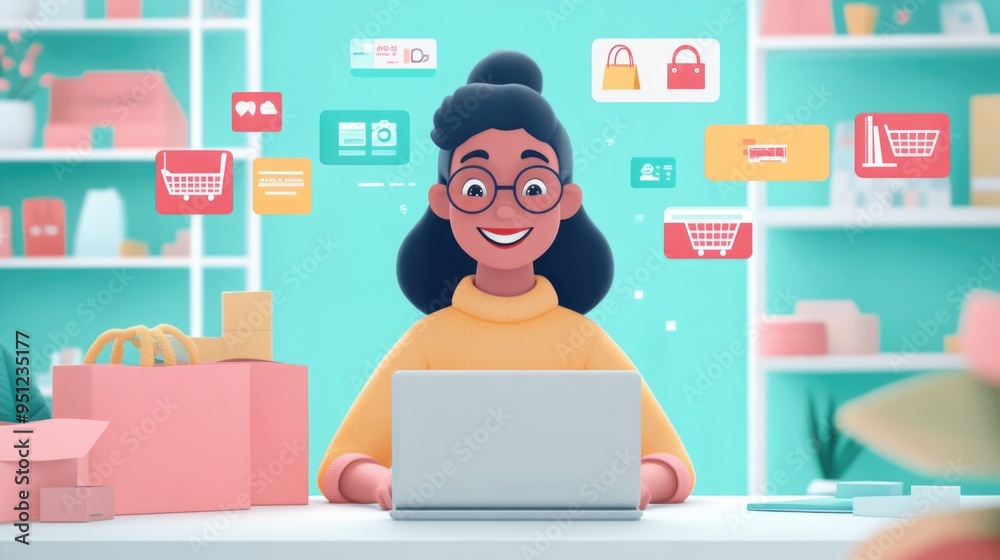 Smiling Character Using Laptop with Digital Shopping Mall Interface Smiling Character Using Laptop with Digital Shopping Mall Interface