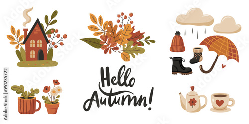 A collection of images on an autumn theme. Lettering. Vector illustration.