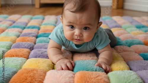 a baby with a sweet curious expression exploring background photo