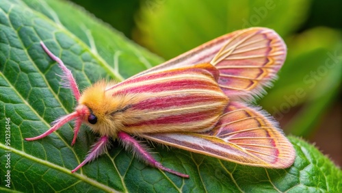 A delicate pink-striped oakworm moth perches on a leaf, its furry body and feathery antenna contrasting with its vibrant, pastel-colored stripes and subtle wing patterns. photo