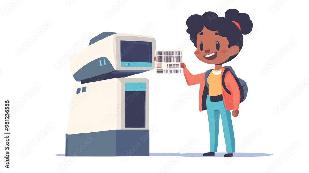 Character Standing Next to Giant Barcode Scanner and Scanning Product Character Standing Next to Giant Barcode Scanner and Scanning Product