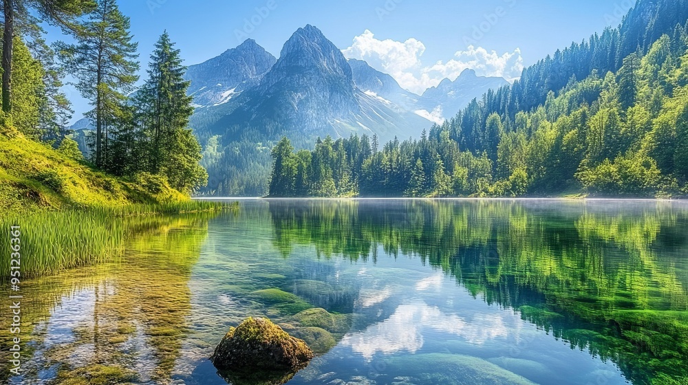 Fototapeta premium Serene Mountain Lake Reflections: Breathtaking Landscape Photography