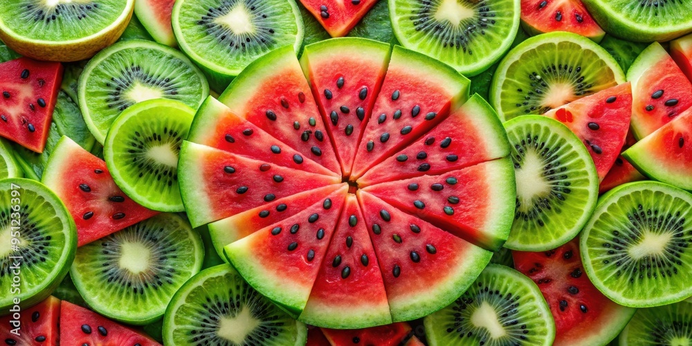 Fototapeta premium Watermelon and green kiwi slices arranged in a beautiful fruit art display, watermelon, green kiwi, fruit, art, plate