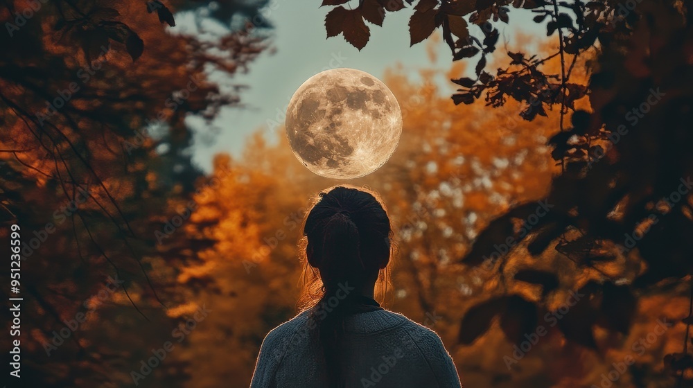 Silhouette of Person Admiring a Vibrant Autumn Moon Silhouette of Person Admiring a Vibrant Autumn Moon