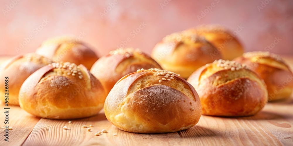 golden morning light on crispy artisanal buns against pastel pink background emotive nostalgic feel with shallow depth of field and gentle selective focus golden morning light on crispy artisanal buns against pastel pink background emotive nostalgic feel with shallow depth of field and gentle selective focus