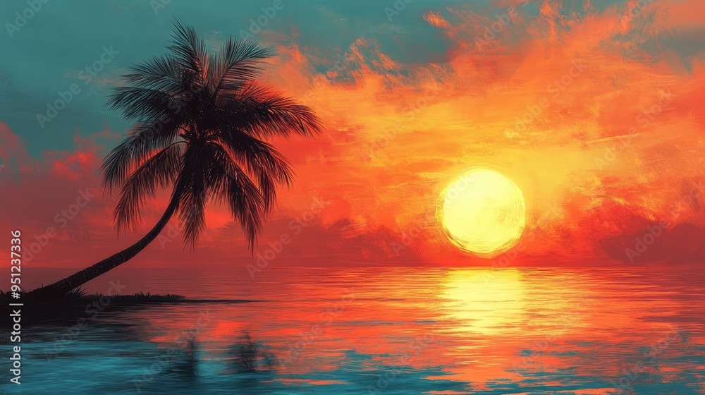 A palm tree leaning over the water, with the sun setting in the background and the sky ablaze with color. A palm tree leaning over the water, with the sun setting in the background and the sky ablaze with color.