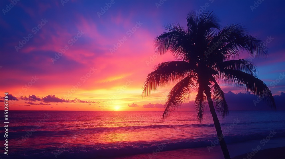 A palm tree silhouetted against a vibrant beach sunset, with the sky transitioning from deep orange to purple. A palm tree silhouetted against a vibrant beach sunset, with the sky transitioning from deep orange to purple.