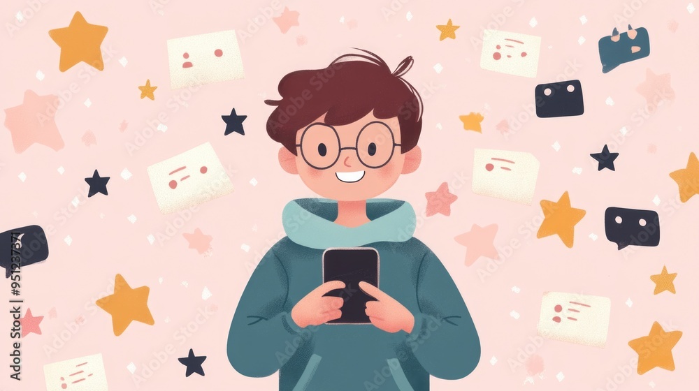 Smiling Character Surrounded by Digital Product Reviews and Ratings with Smartphone Smiling Character Surrounded by Digital Product Reviews and Ratings with Smartphone