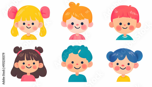 Six cartoon children with different hair colors and styles.