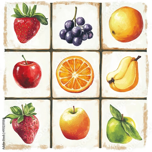 3x3 bingo card with banana, apple, orange, grape, grapefruit, pear, strawberry, pineapple, cherry