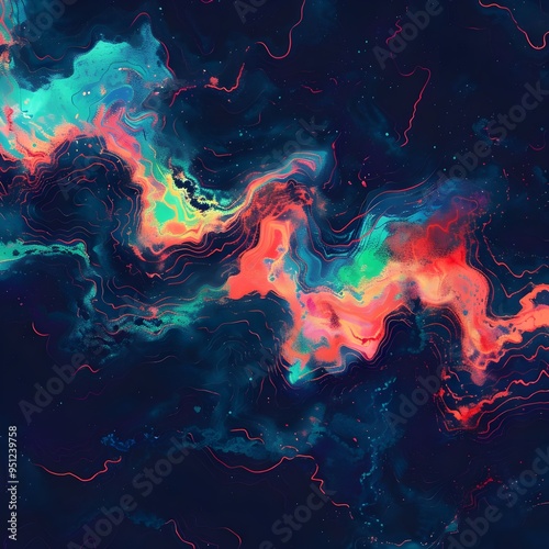 An abstract digital artwork featuring swirling patterns of vibrant neon colors, including teal, pink, and orange, against a dark background. The dynamic composition creates a sense of energy and movem