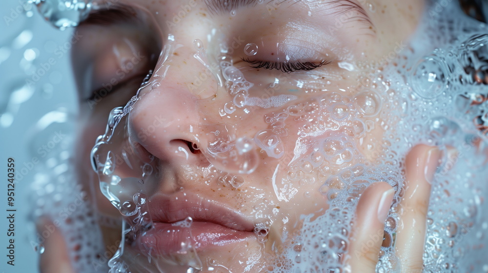 Fototapeta premium Woman is washing her face and feels refreshed. AI Generative.