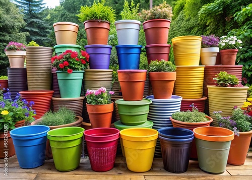 A diverse collection of empty large plastic flower pots in various colors and shapes, stacked neatly together, adding a pop of color and visual interest to any space.